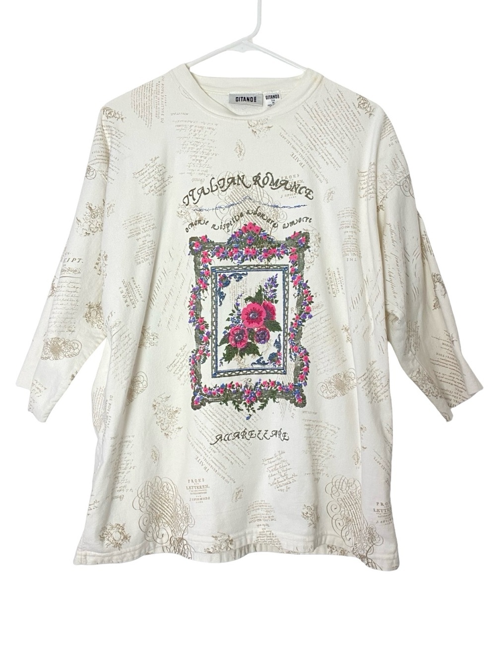 Gitano Vintage 90s Top Shirt Womens Size Medium 3/4 Long Sleeves Italian Romance
